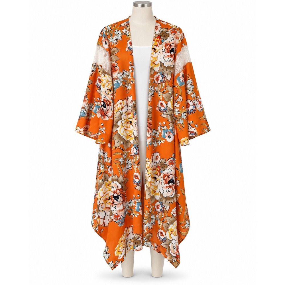 Boho 14W 16W Kimono Orange Floral Lace Back Open Front Duster Wrap Beach Resort
